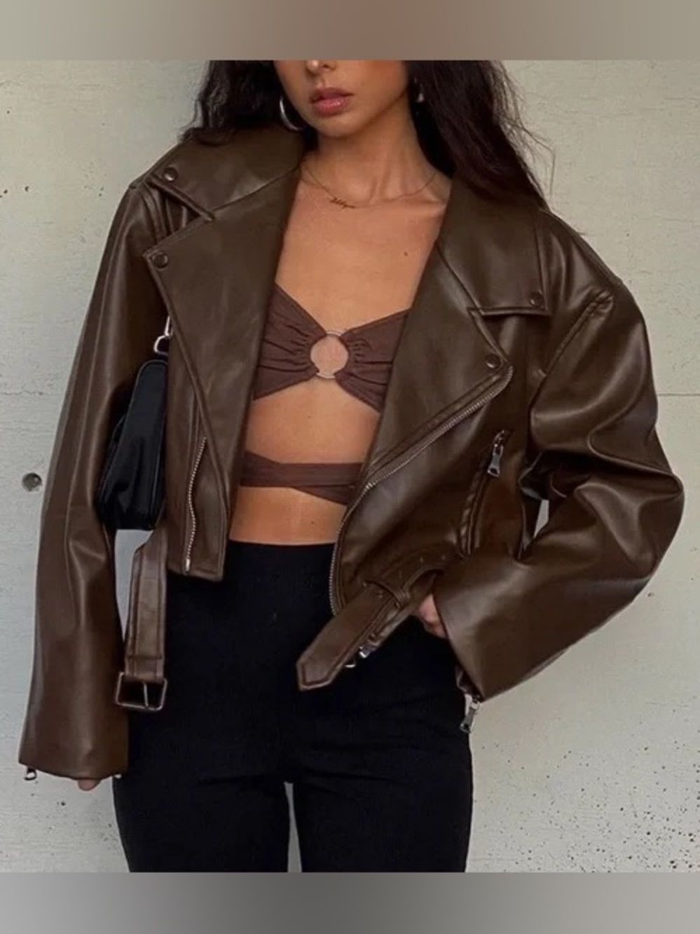 Lioness Brown Faux Leather Moto Jacket